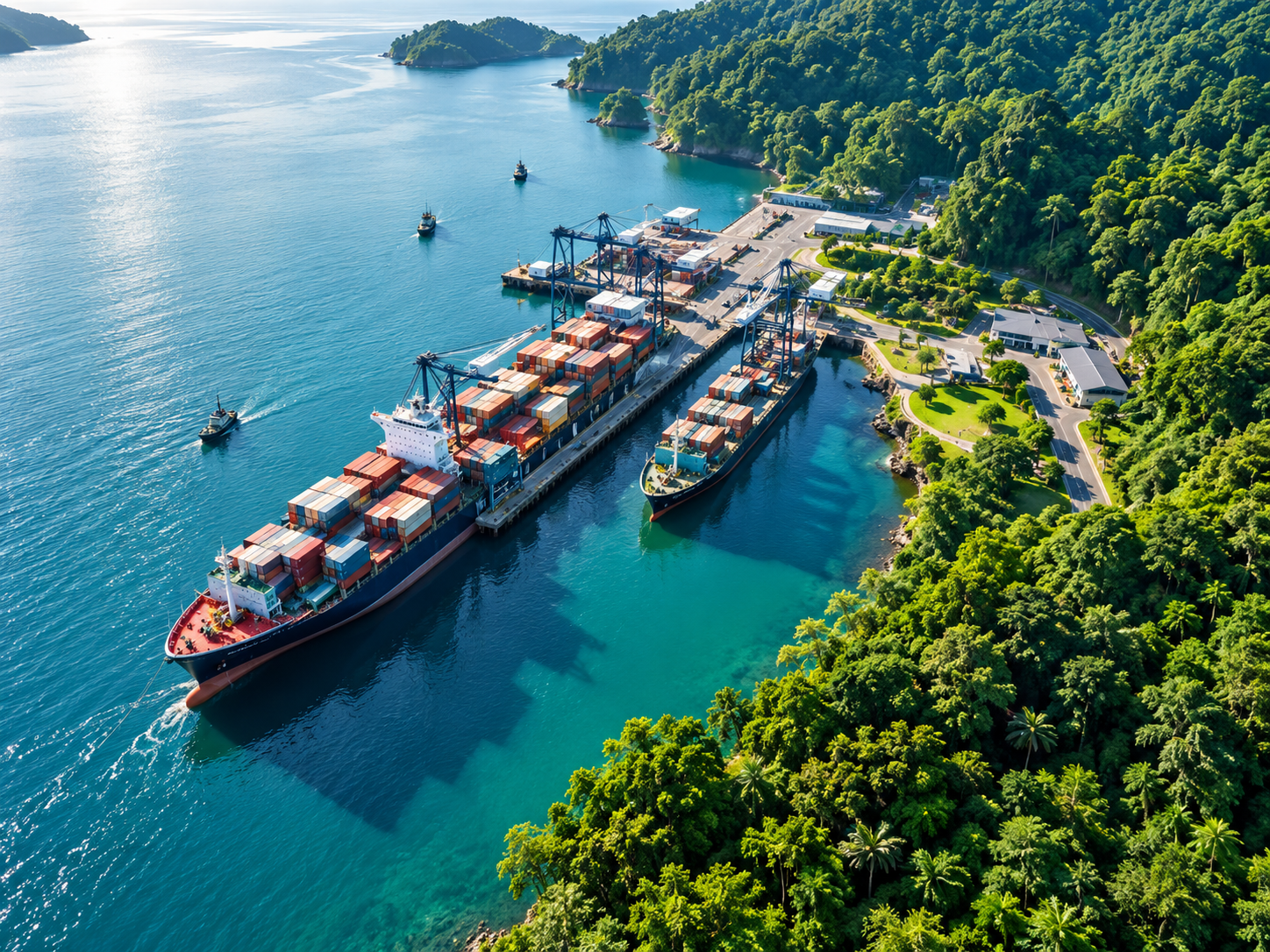 Aerial view of a cargo ship at a green coastal port