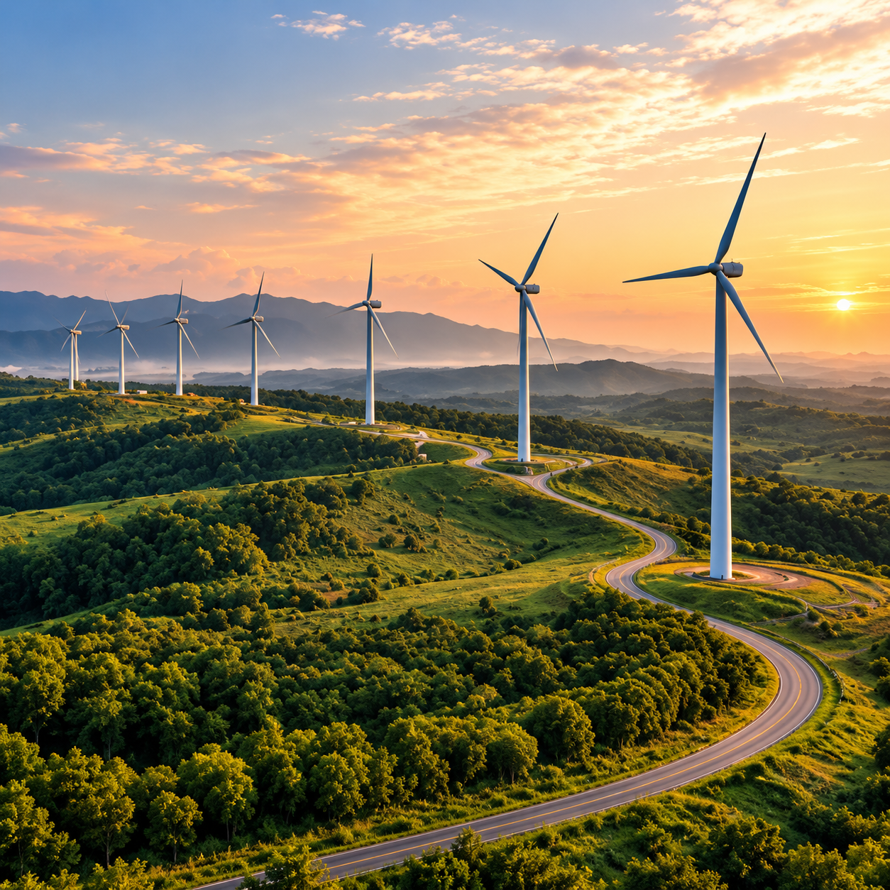 Wind turbines on green hills at sunset