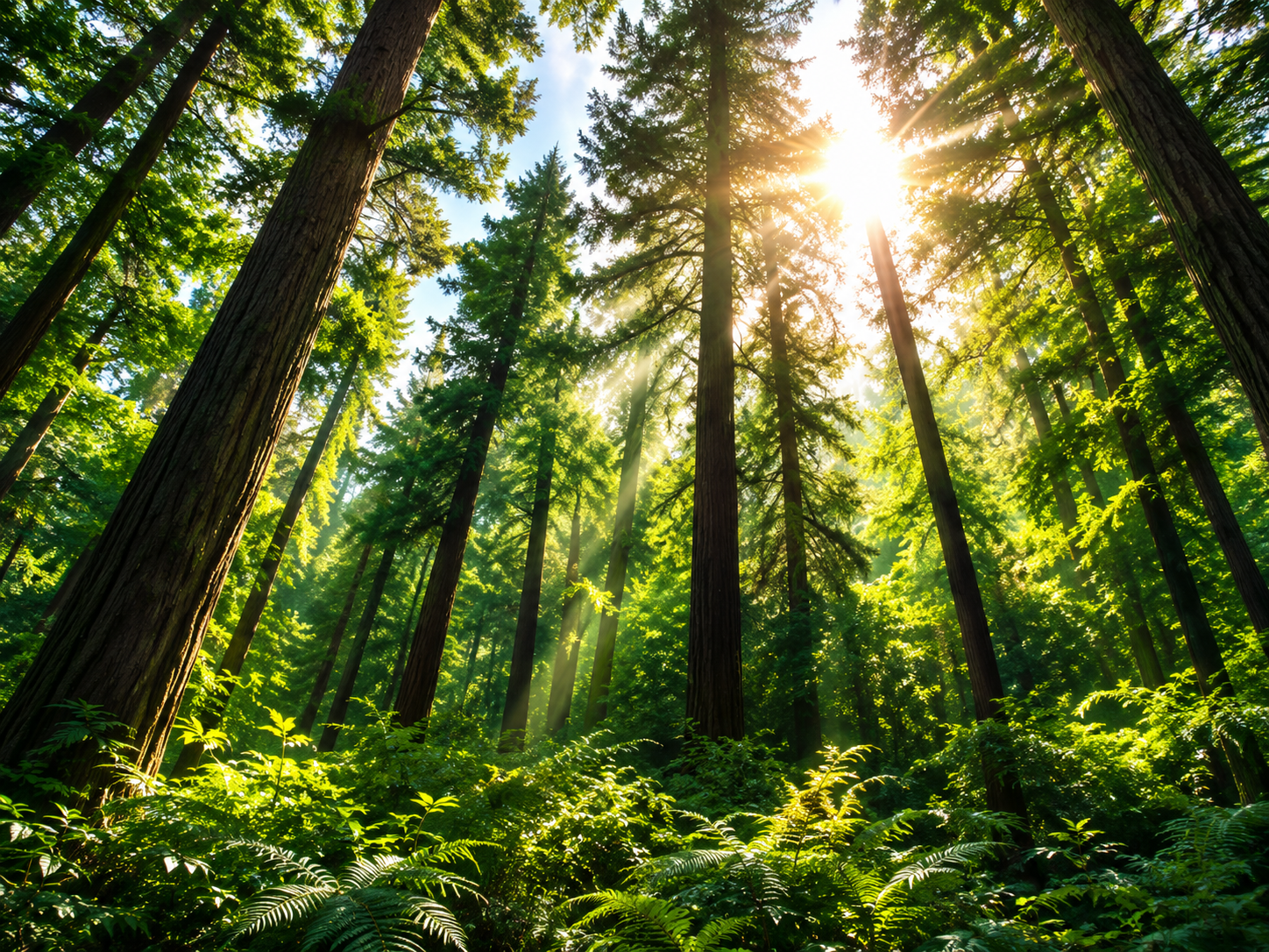 Tall forest trees with sunlight