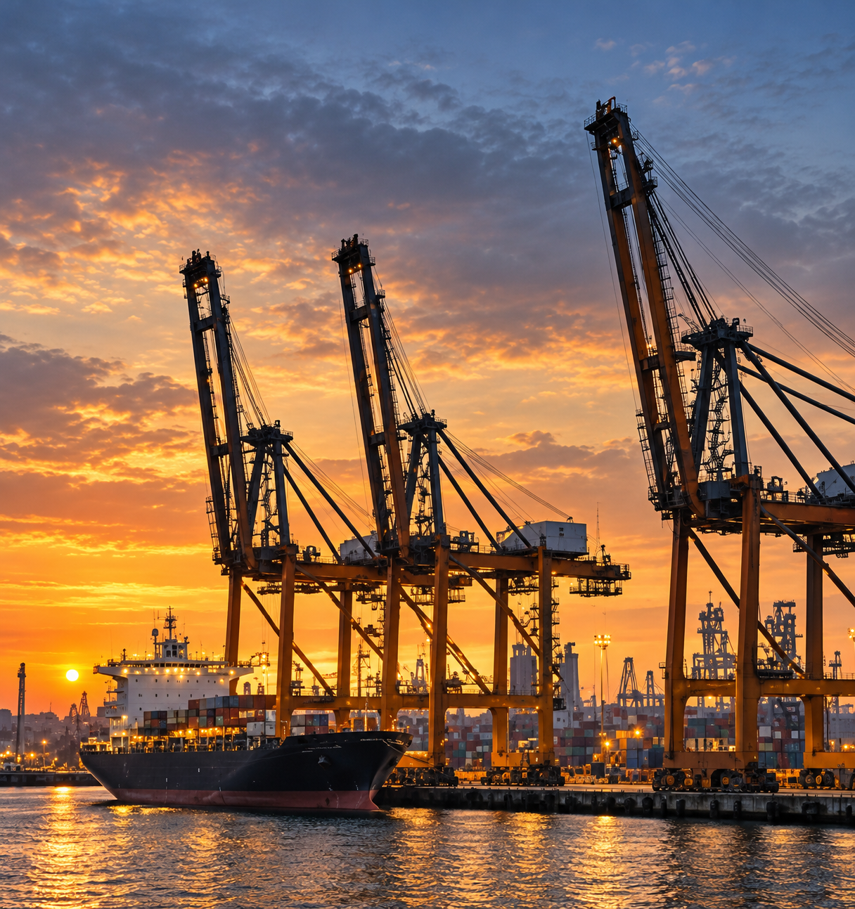 Container port with cranes at sunset
