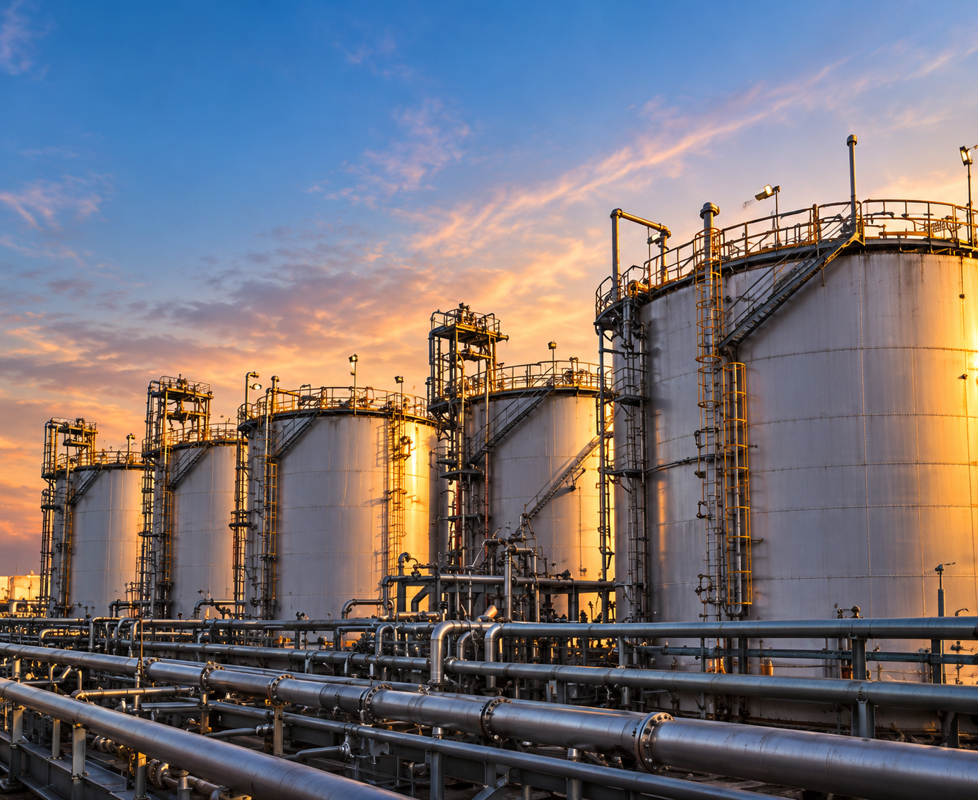 Industrial storage tanks at dusk