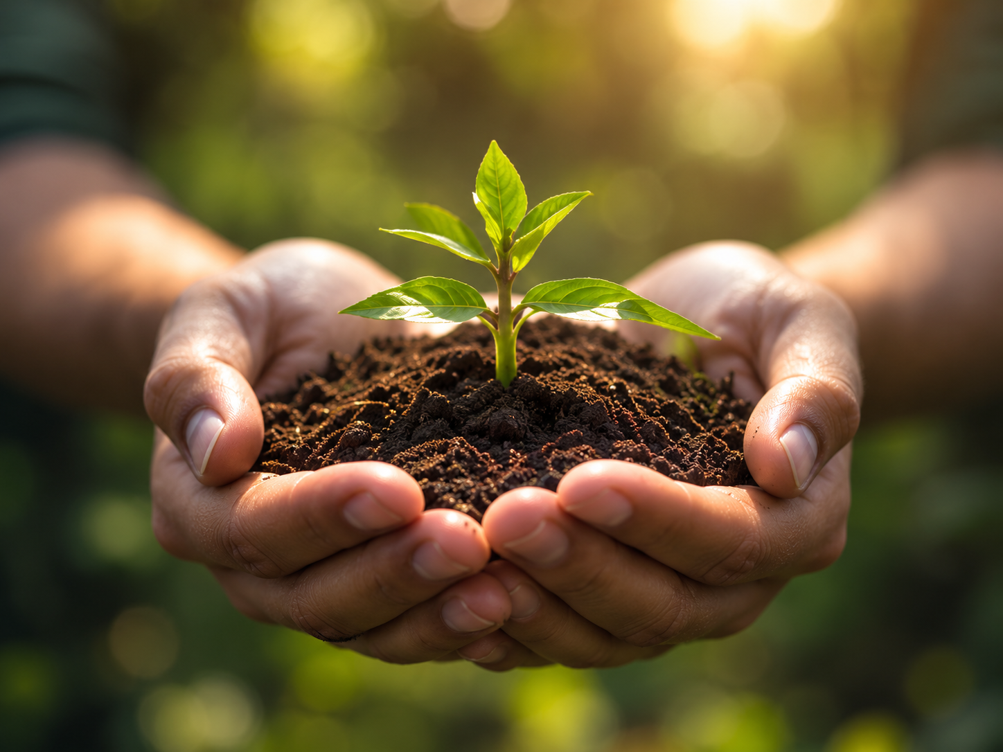 Hands holding soil with a young seedling