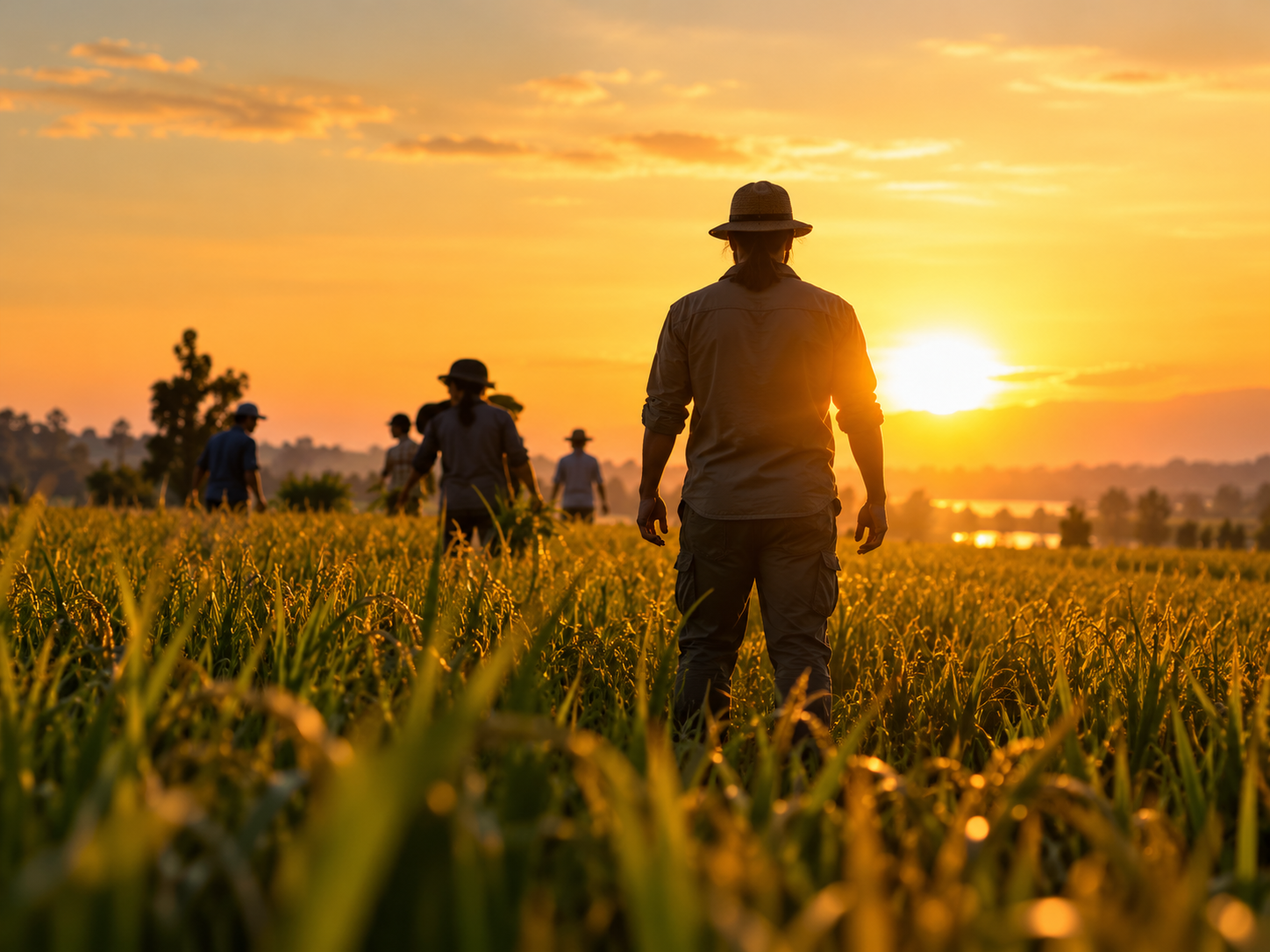 People walking through a field at sunset